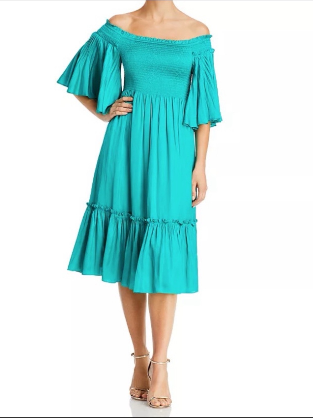 Kobi Halperin Elegant Andrea smoked off the shoulder teal Midi Dress
